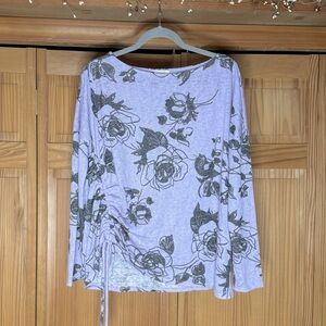 NWOT ODDY Floral Print Side Ruched Women's Top - Light Purple with Black Flowers